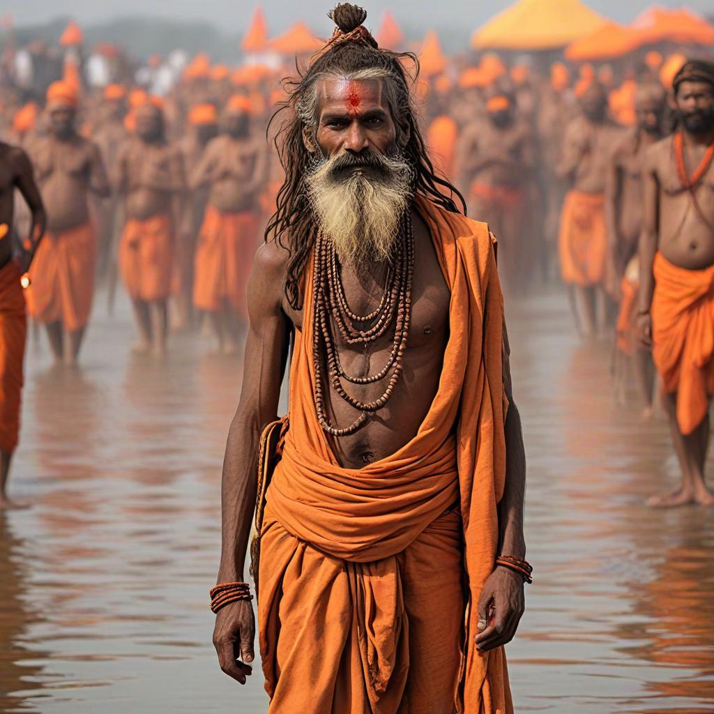 A group of Hindu sadhus, dressed in traditional orange robes and adorned with beads, stand in a river during the Kumbh Mela festival.