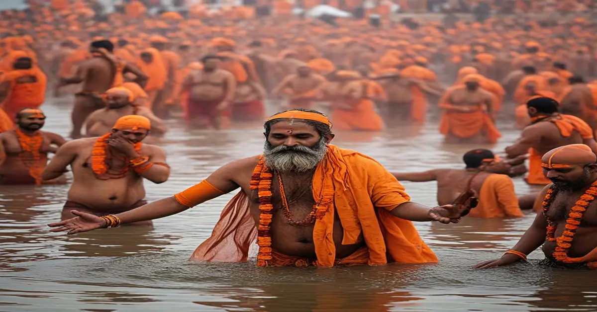 A large group of people, primarily men, dressed in orange robes and garlands, are gathered in a river during the Kumbh Mela, a significant Hindu pilgrimage and festival.