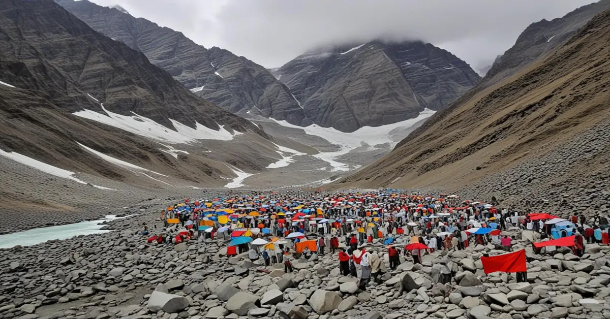 A large gathering of pilgrims is seen during the Manimahesh Yatra, with colorful tents and umbrellas spread across a rocky landscape. The scene is set in a mountainous area with steep, barren slopes and patches of snow. In the background, towering peaks are partially shrouded in clouds. A river flows along the left side of the image, adding to the rugged beauty of the location.