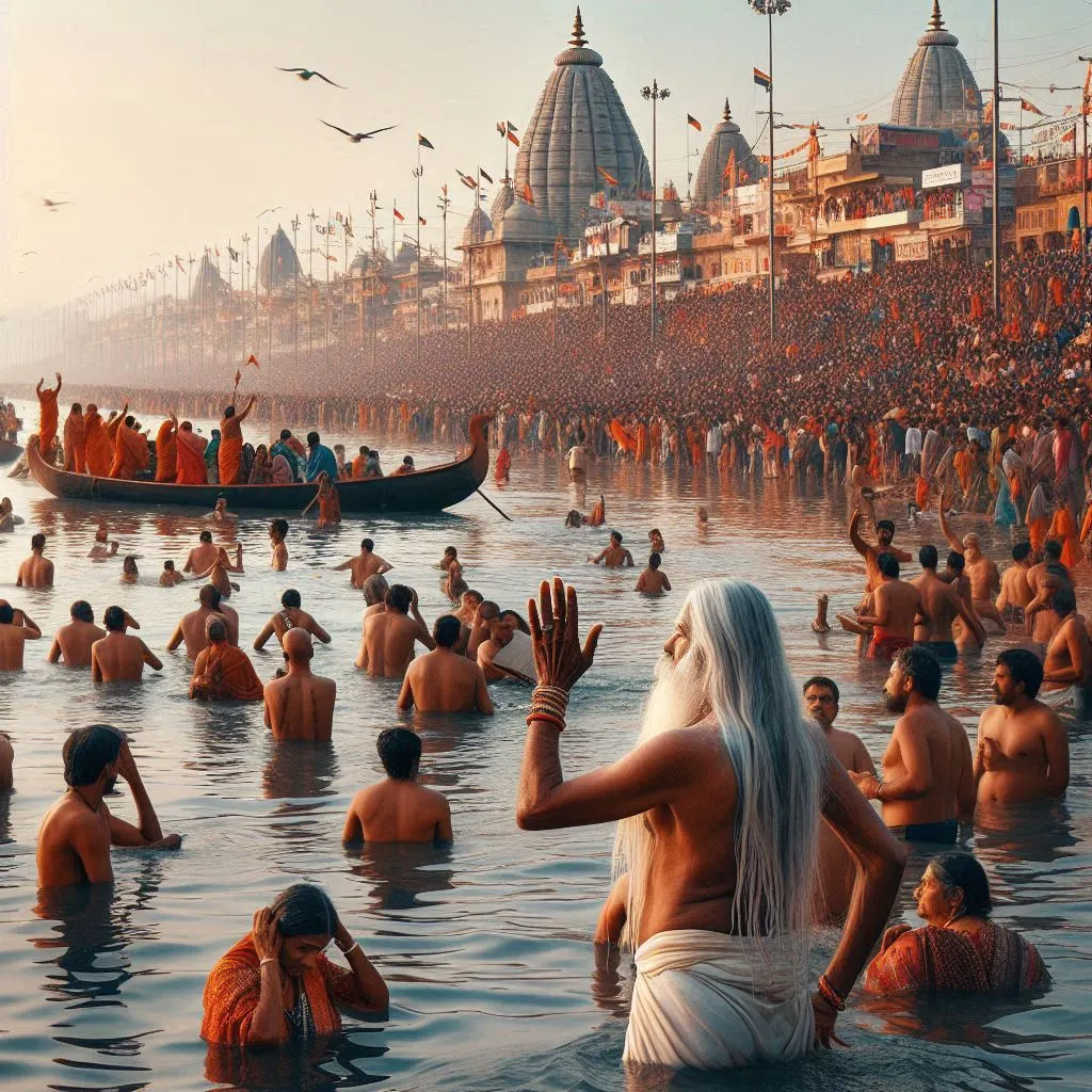 Sacred gathering during Shahi Snan at Kumbh Mela 2025 with devotees bathing in the river