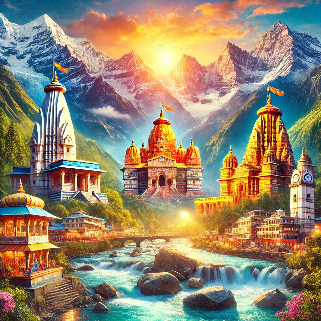 A serene depiction of the Chardham Yatra pilgrimage starting from Bangalore, encompassing India's four sacred Himalayan shrines.