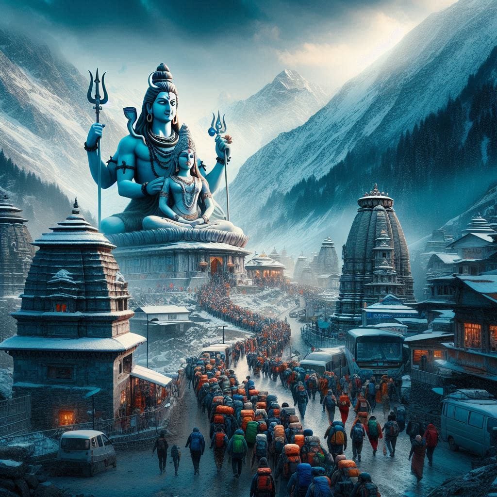 Scenic view of Chardham Yatra from Haridwar with temples and Himalayas