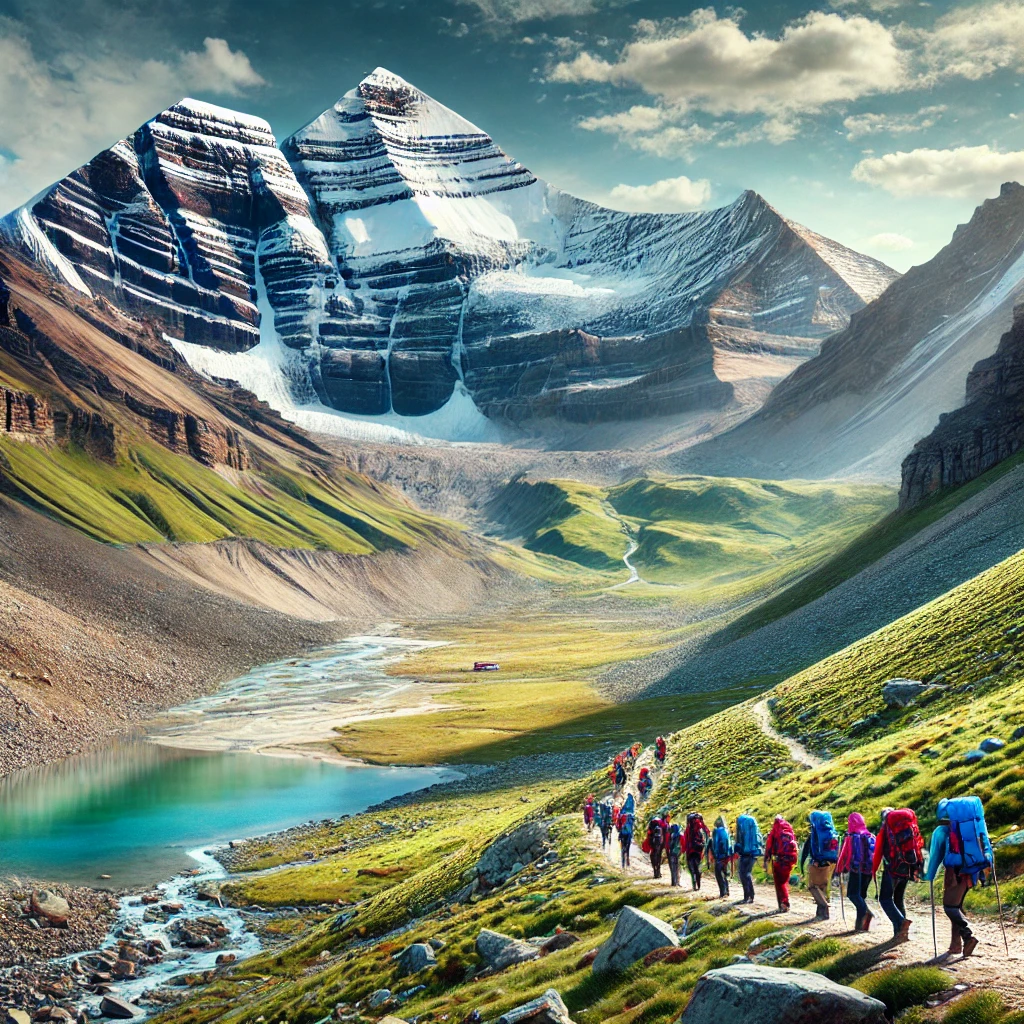 Scenic view of the Adi Kailash mountain with a trekking trail leading towards it. A group of trekkers in colorful gear navigate the rugged Himalayan landscape, surrounded by snow-capped peaks, lush green valleys, and a serene lake reflecting the mountains, symbolizing a spiritual and adventurous journey.