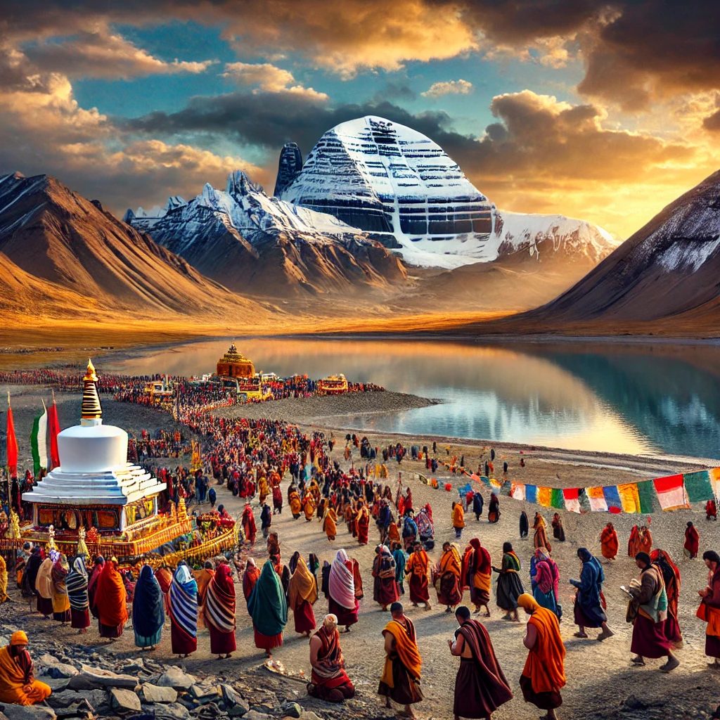 A breathtaking view of Mount Kailash and Lake Mansarovar, showcasing a spiritual pilgrimage scene for Kailash Mansarovar Yatra 2025