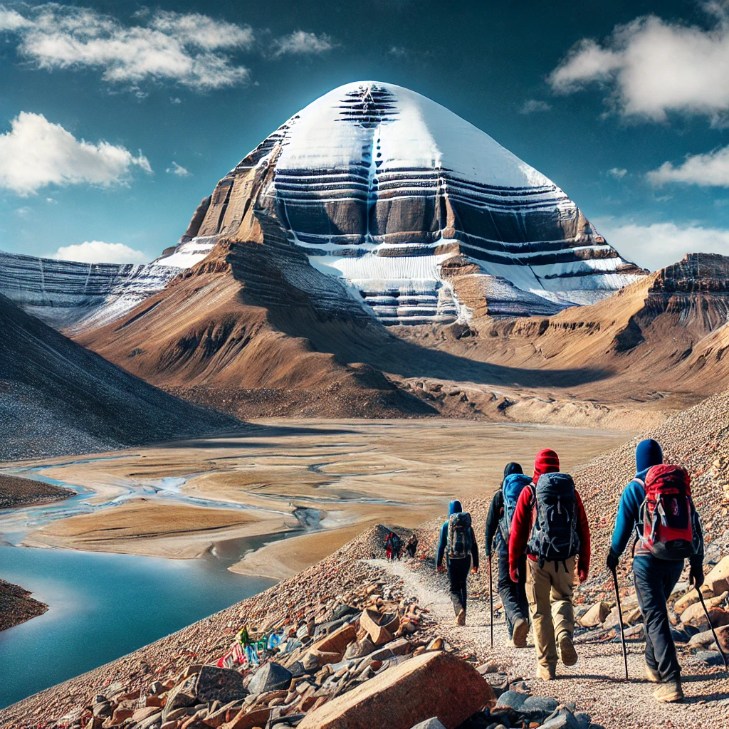 A breathtaking view of Mount Kailash with a group of trekkers on the Kailash Mansarovar Trek