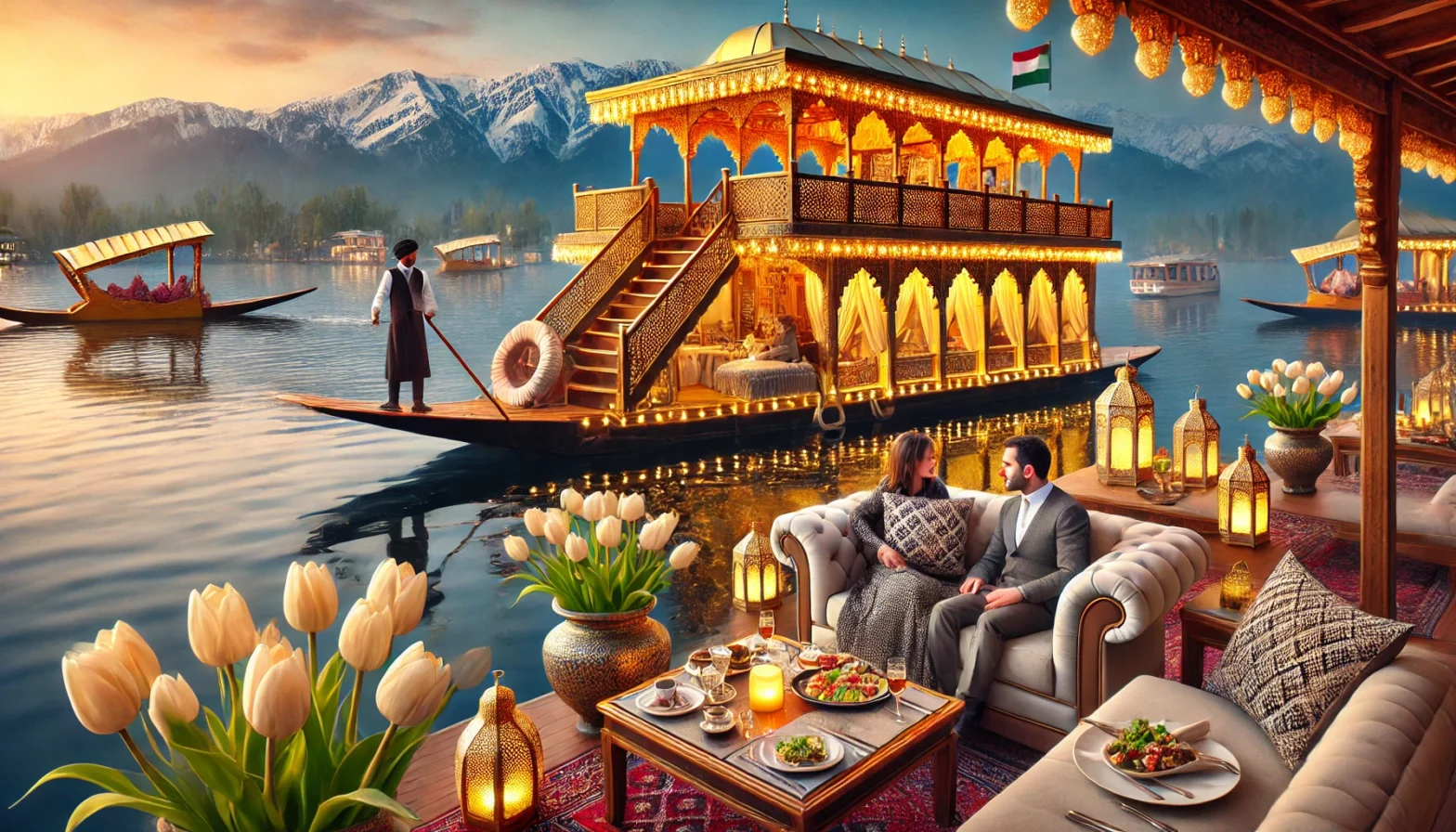 A luxury travel in Kashmir, featuring a beautifully decorated houseboat on Dal Lake with golden lighting reflecting on the water