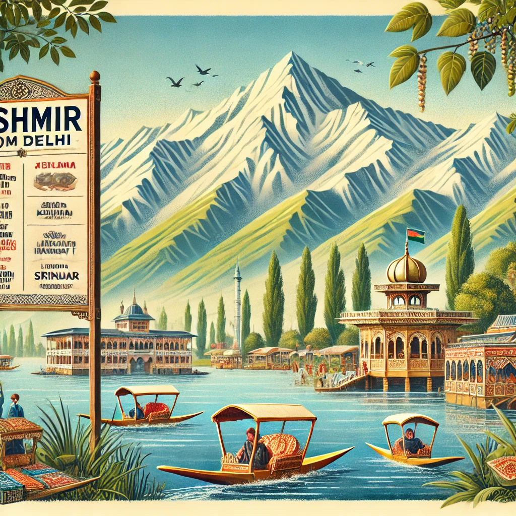 A scenic travel illustration for a Kashmir tour from Delhi