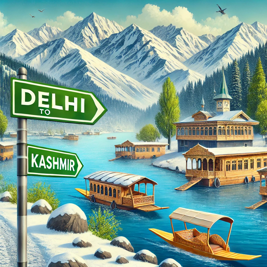 A scenic travel-themed digital illustration for a Kashmir trip from Delhi