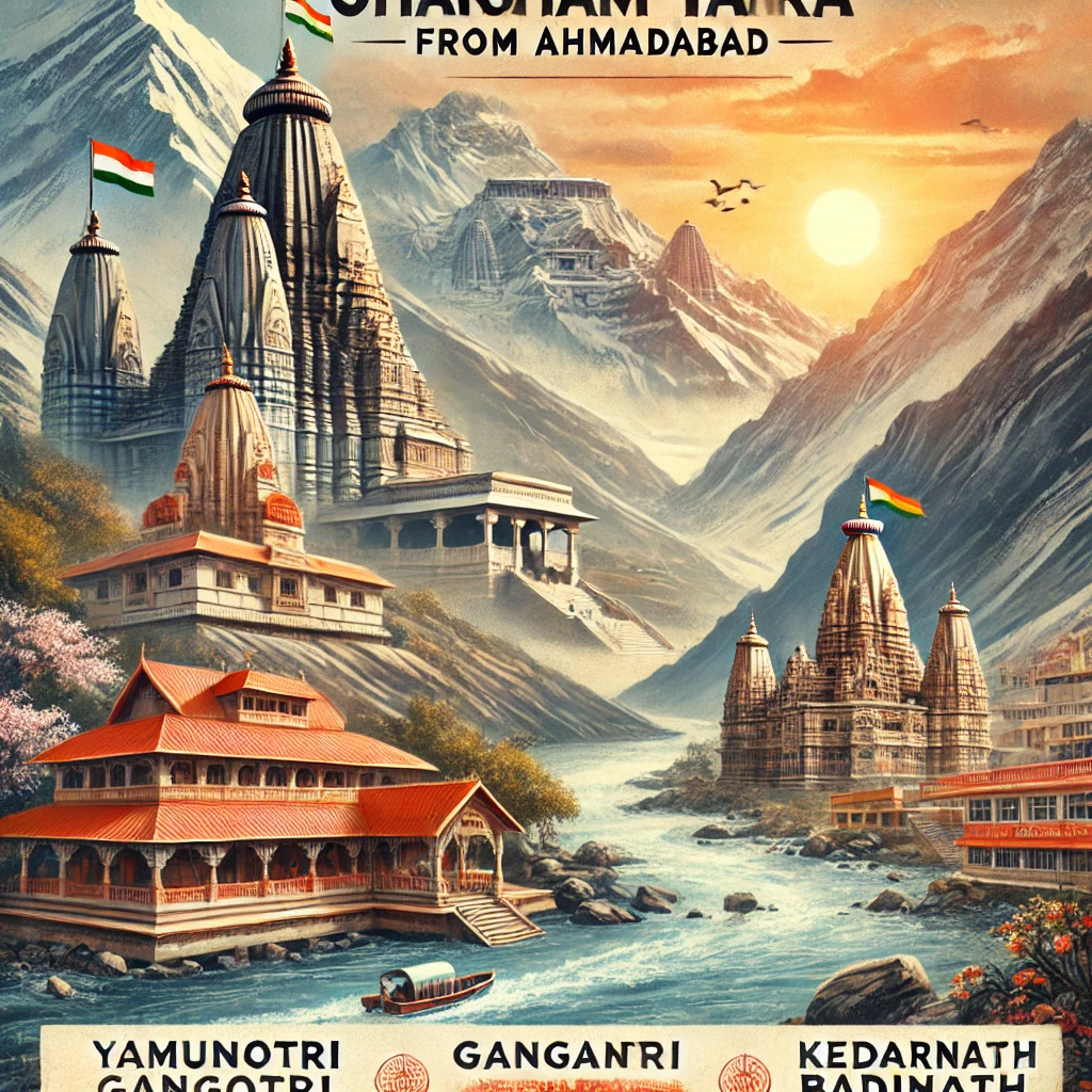 A scenic travel-themed poster for a Chardham Yatra trip from Ahmedabad