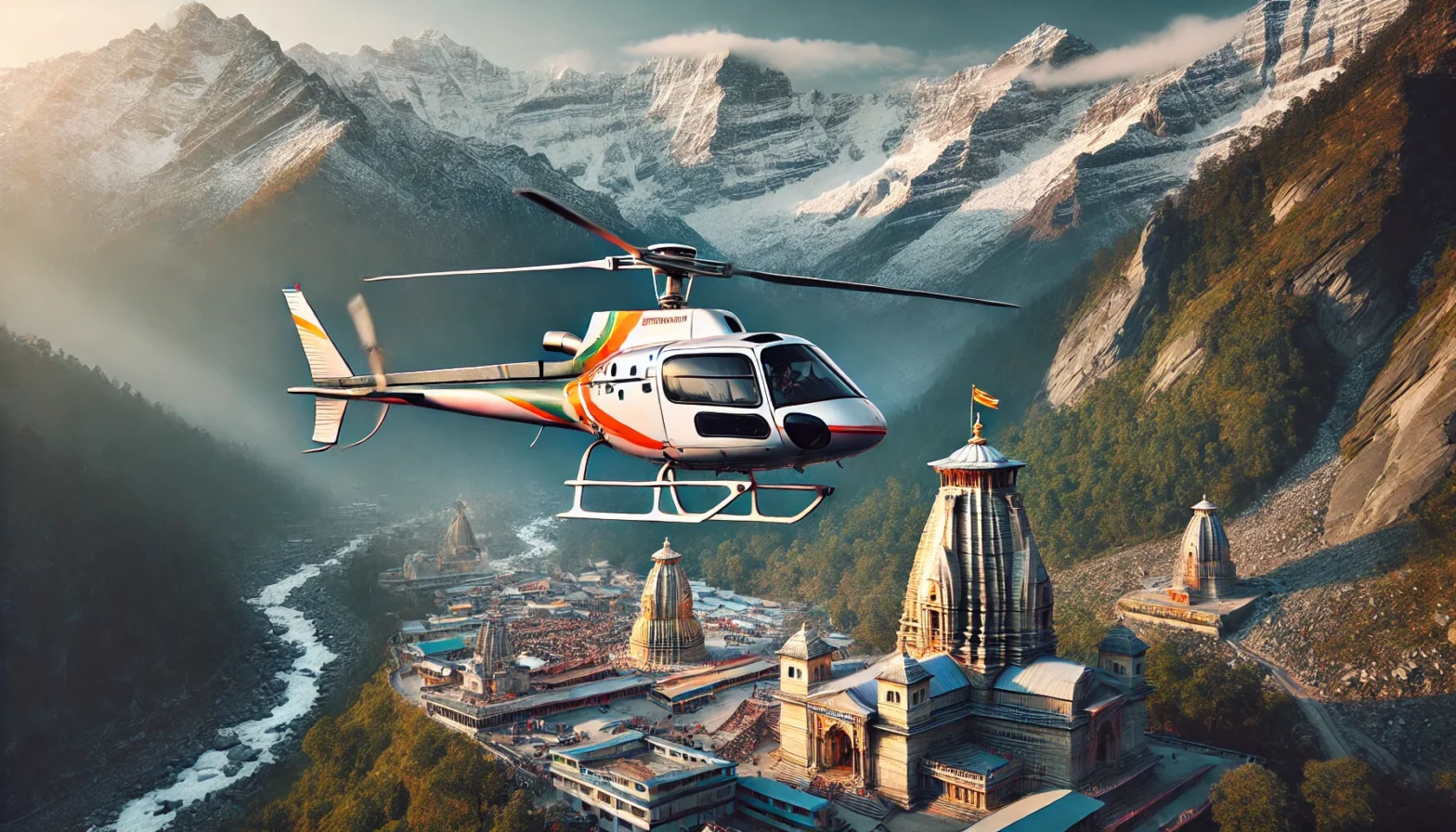 A scenic view of the Chardham Yatra helicopter flying over the snow-capped Himalayas