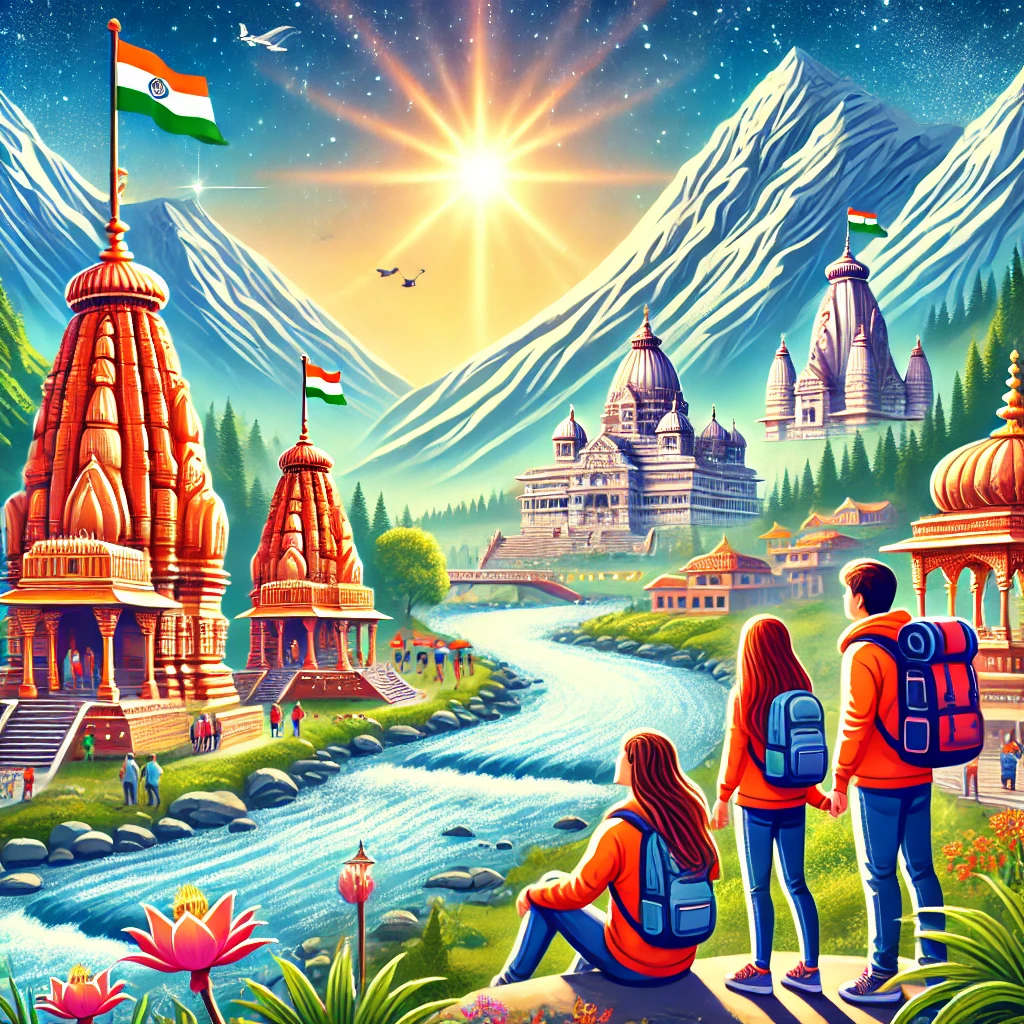 A vibrant and serene illustration showcasing the Chardham Yatra with Kids