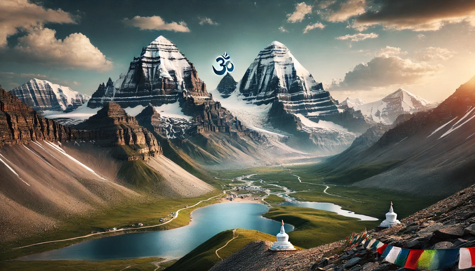 A breathtaking view of Adi Kailash and Om Parvat in the Himalayas. Adi Kailash, also known as Chhota Kailash, features snow-capped peaks and rugged terrain, while Om Parvat stands out with its natural snow formation resembling the sacred 'Om' symbol. The surrounding landscape includes lush green valleys, a serene lake reflecting the peaks, and fluttering prayer flags, creating a peaceful and spiritual ambiance.