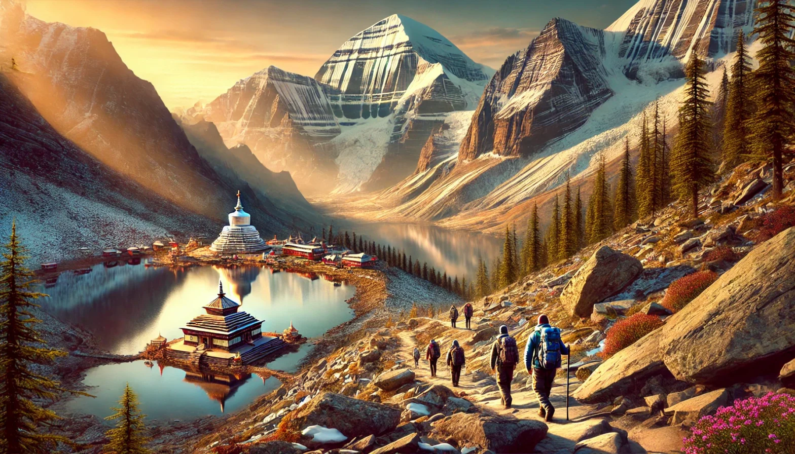 An image depicts a group of pilgrims walking a rocky path to a holy site, Adi Kailash Mountain with its snow-capped peaks, and Parvati Sarovar reflecting the Himalayas. Overlay text: "A Spiritual Himalayan Journey: Adi Kailash Yatra 2025.