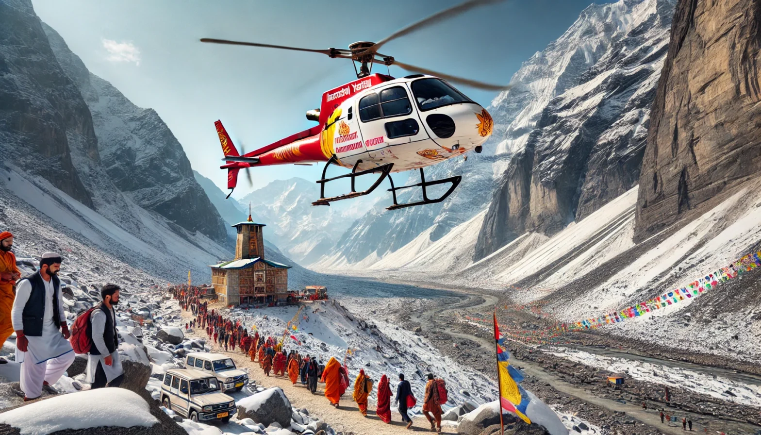 Helicopter flying over the Himalayas for Amarnath Yatra with pilgrims trekking below, symbolizing a convenient and fast pilgrimage journey.