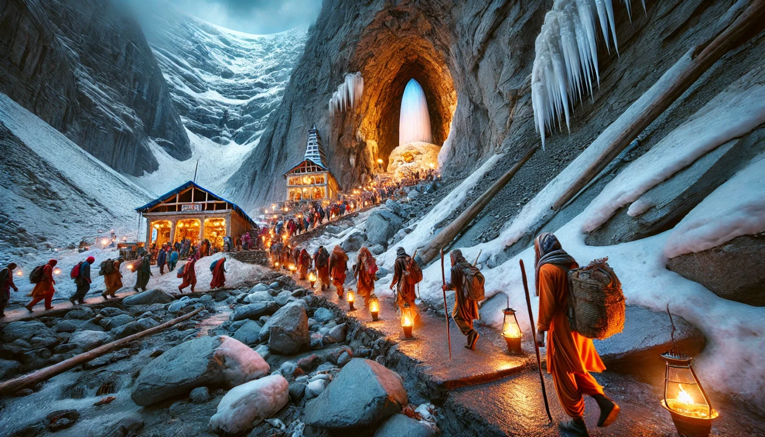 Scenic view of the Amarnath Yatra pilgrimage route, featuring snow-covered Himalayan peaks, devotees trekking towards the sacred Amarnath Cave, and a spiritual ambiance with prayer flags and holy rituals. Ideal for an Amarnath Yatra package from Chennai.