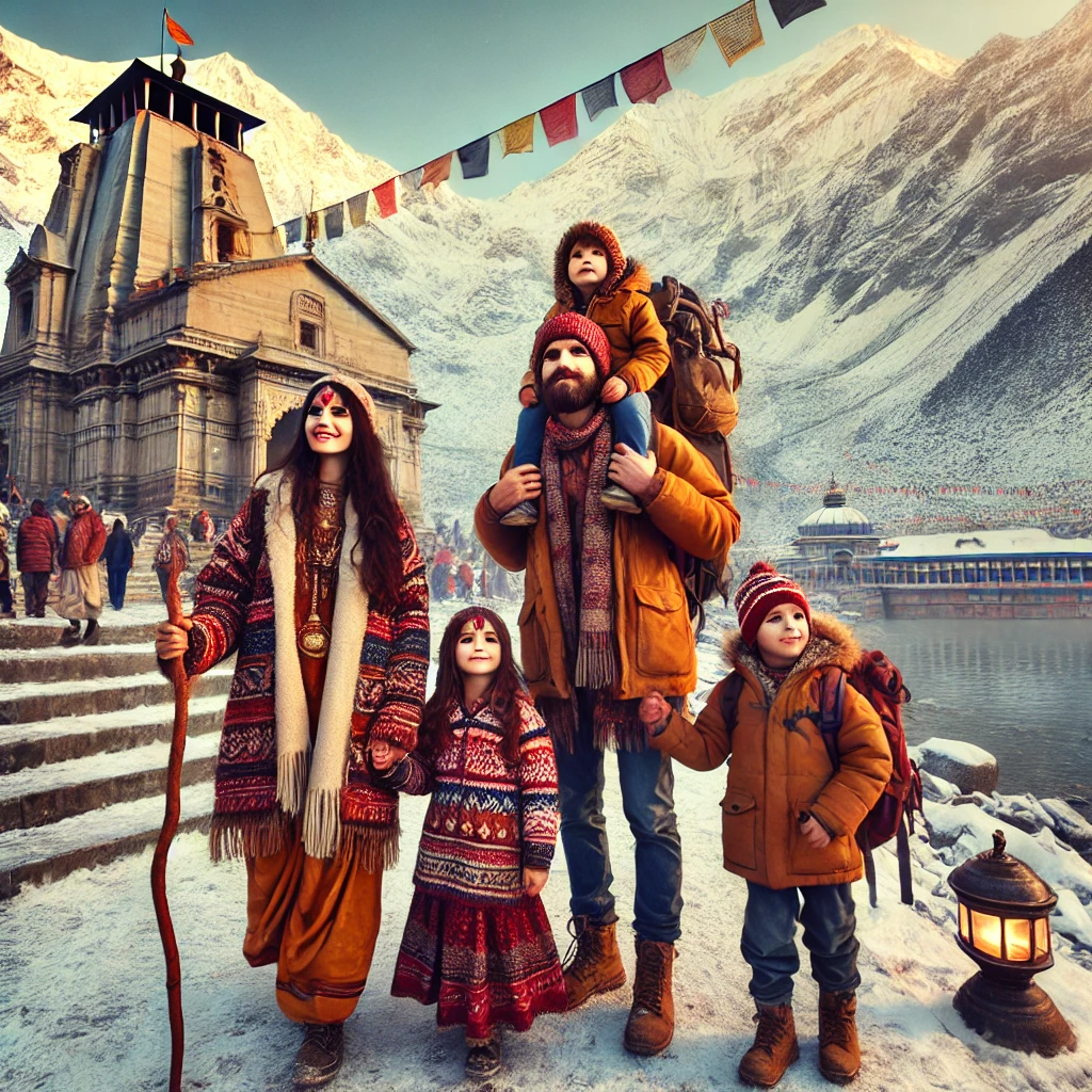 Chardham Yatra with Family dressed in warm traditional clothing