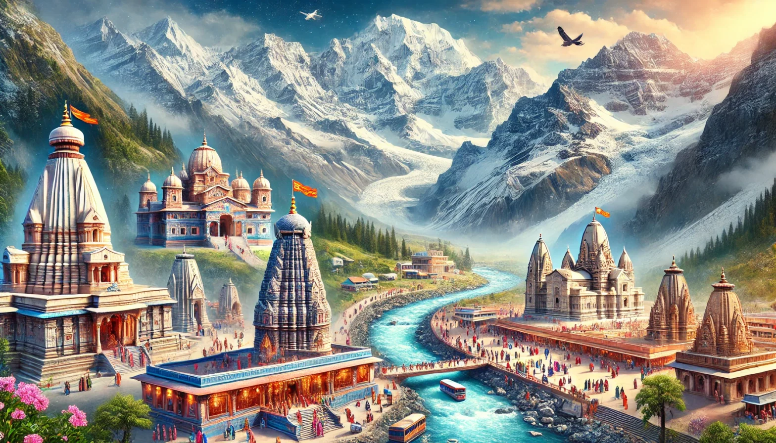 Scenic view of the Chardham Yatra from Mumbai, featuring the sacred temples of Yamunotri, Gangotri, Kedarnath, and Badrinath amidst the majestic Himalayas.