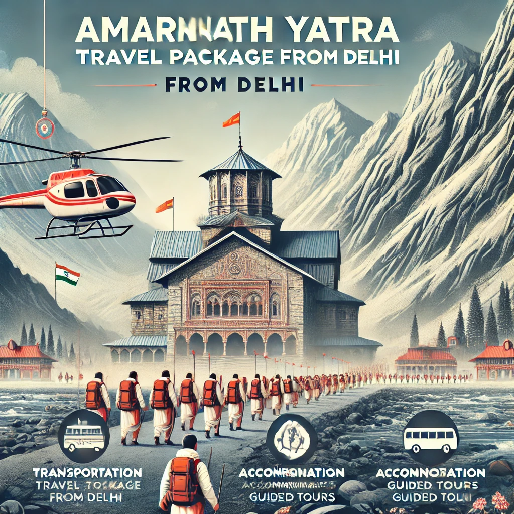 Promotional image for Amarnath Yatra travel package from Delhi, featuring the scenic Amarnath Cave Temple surrounded by snow-capped Himalayan peaks. Pilgrims in warm clothing are seen trekking towards the cave, carrying flags. A helicopter is landing in the foreground, highlighting helicopter tour options. Stylish text banners overlay the image, showcasing package details including transportation, accommodation, and guided tours.