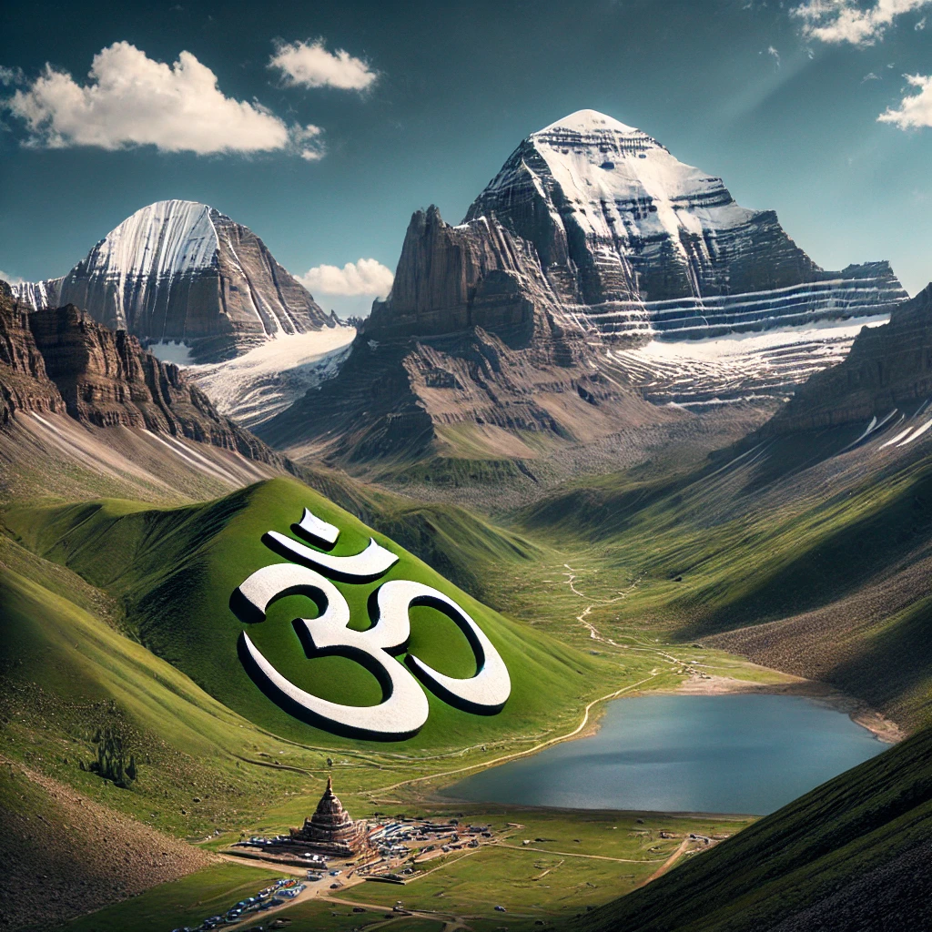 Best Om Parvat Yatra Package 2025 a sacred Himalayan peak, featuring a naturally formed 'Om' symbol created by snow on its dark rocky surface, surrounded by rugged mountain terrain and a serene, spiritual atmosphere.