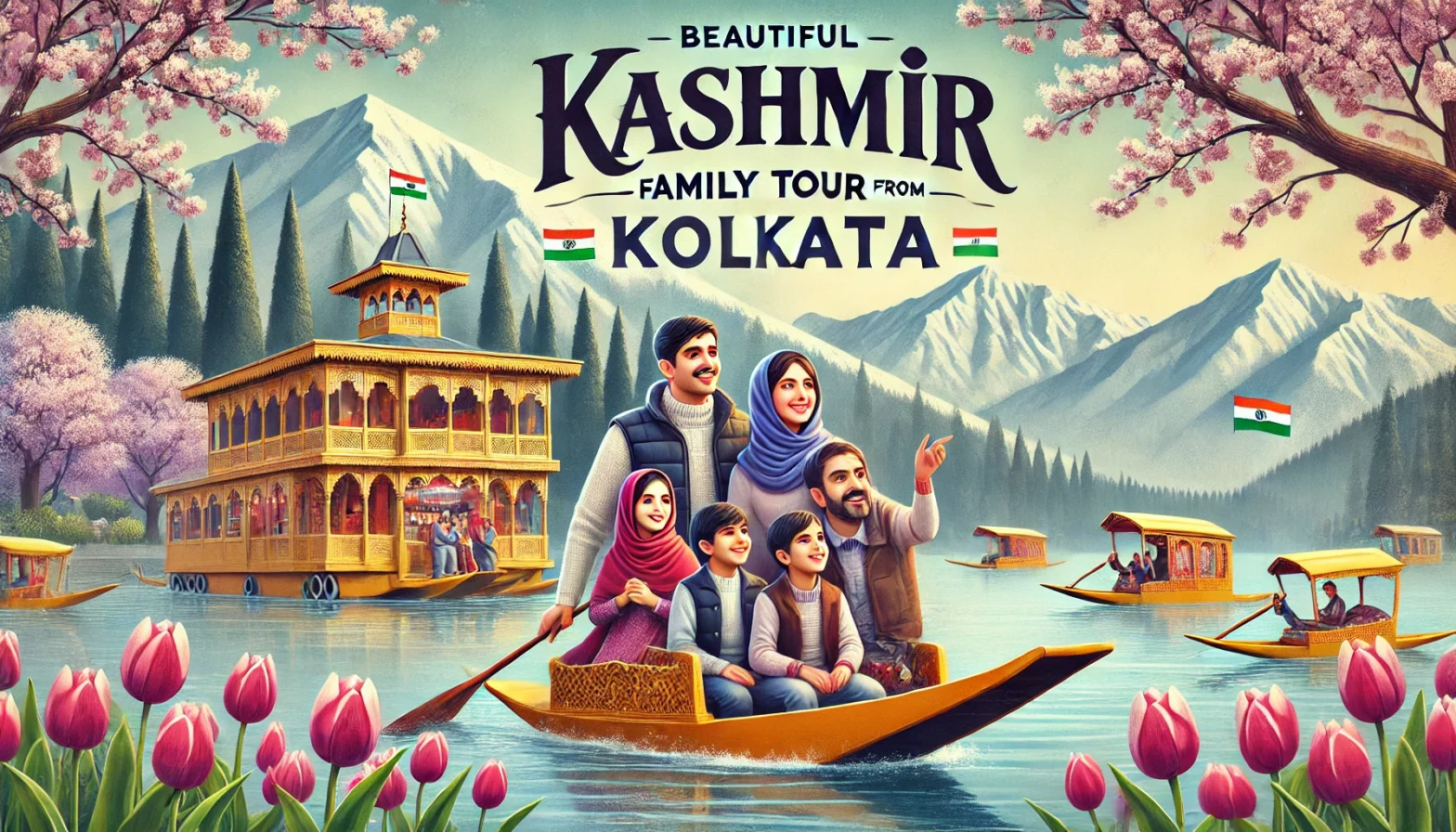 A beautiful travel advertisement for a 'Kashmir Family Tour from Kolkata'