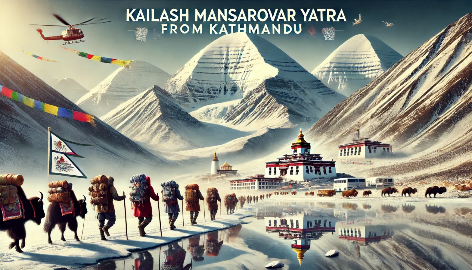 A breathtaking travel advertisement for 'Kailash Mansarovar Yatra from Kathmandu'