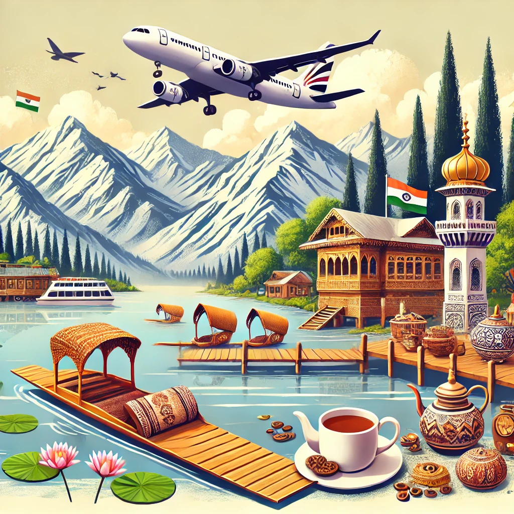 A scenic travel-themed illustration for a Kashmir trip from Hyderabad